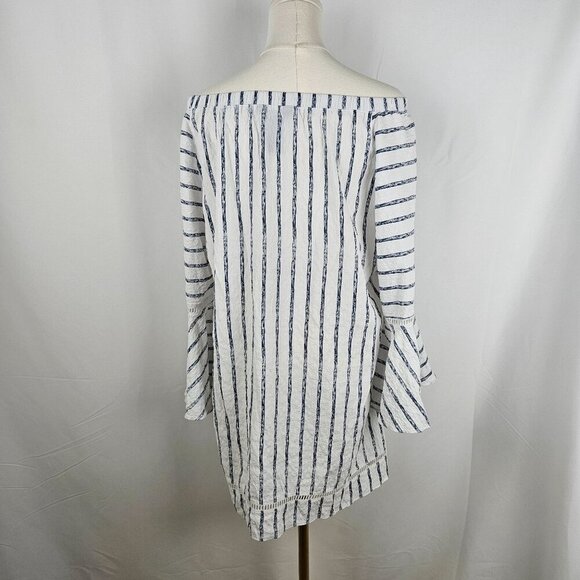 Ali Miles Striped Top Large Off-Shoulder White Navy Bell Sleeve Boho - Picture 2 of 11